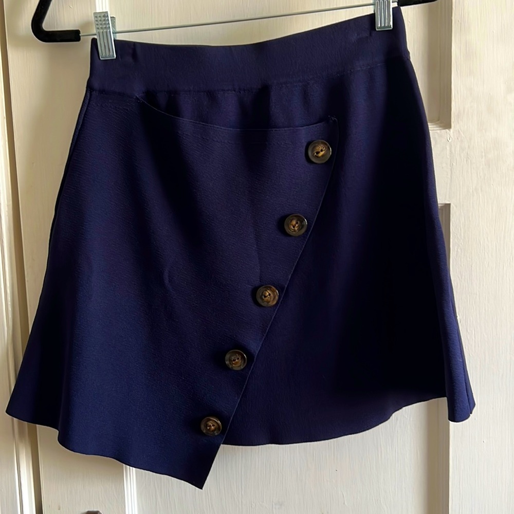 All:Row, Navy asymmetrical mini skirt with brown buttons